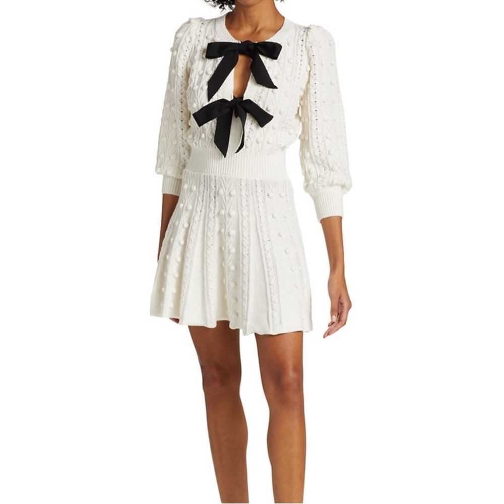 Alice + Olivia Kitty Bow Front Sweater Dress in White
